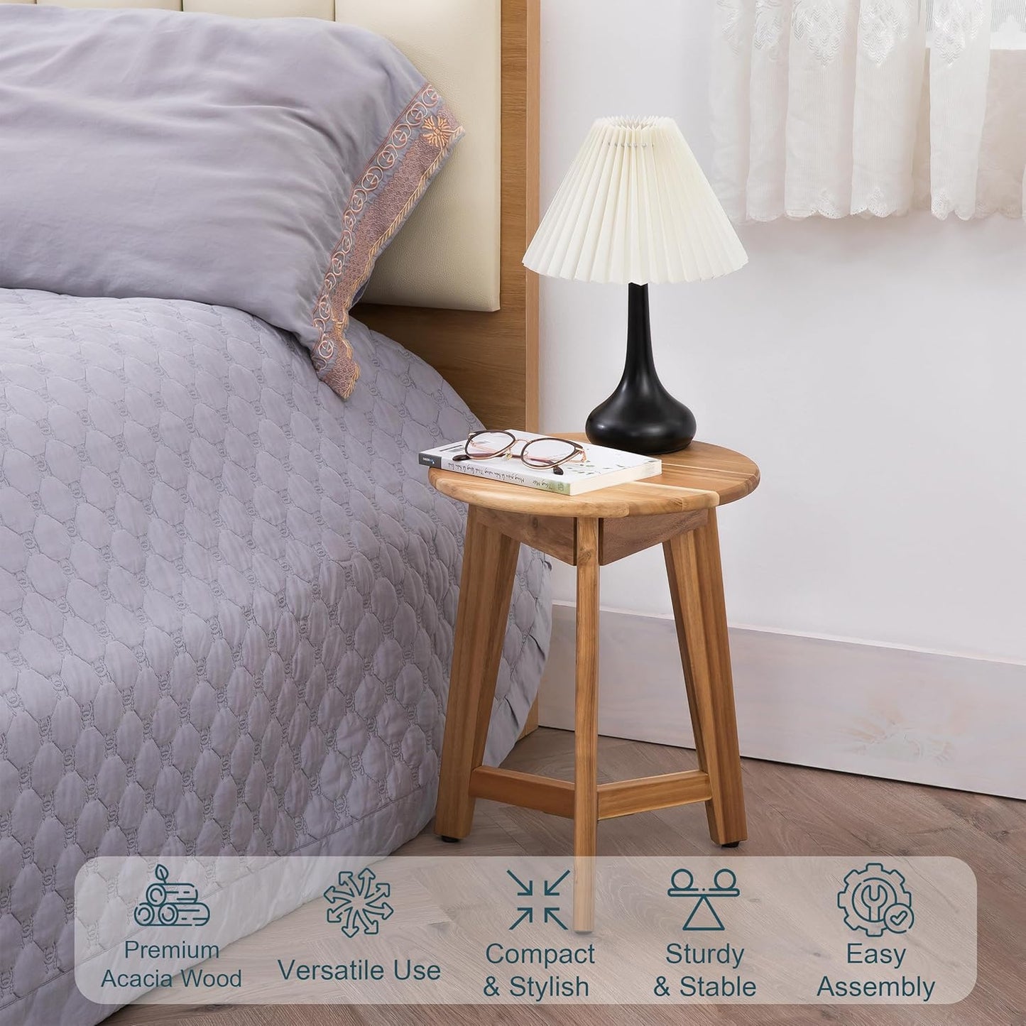 Round Side Table – Acacia Wood End Table for Living Room or Bedroom – Light Natural Wood Finish, Compact Nightstand or Accent Table for Sofas & Beds (13x16 x13 Inches)