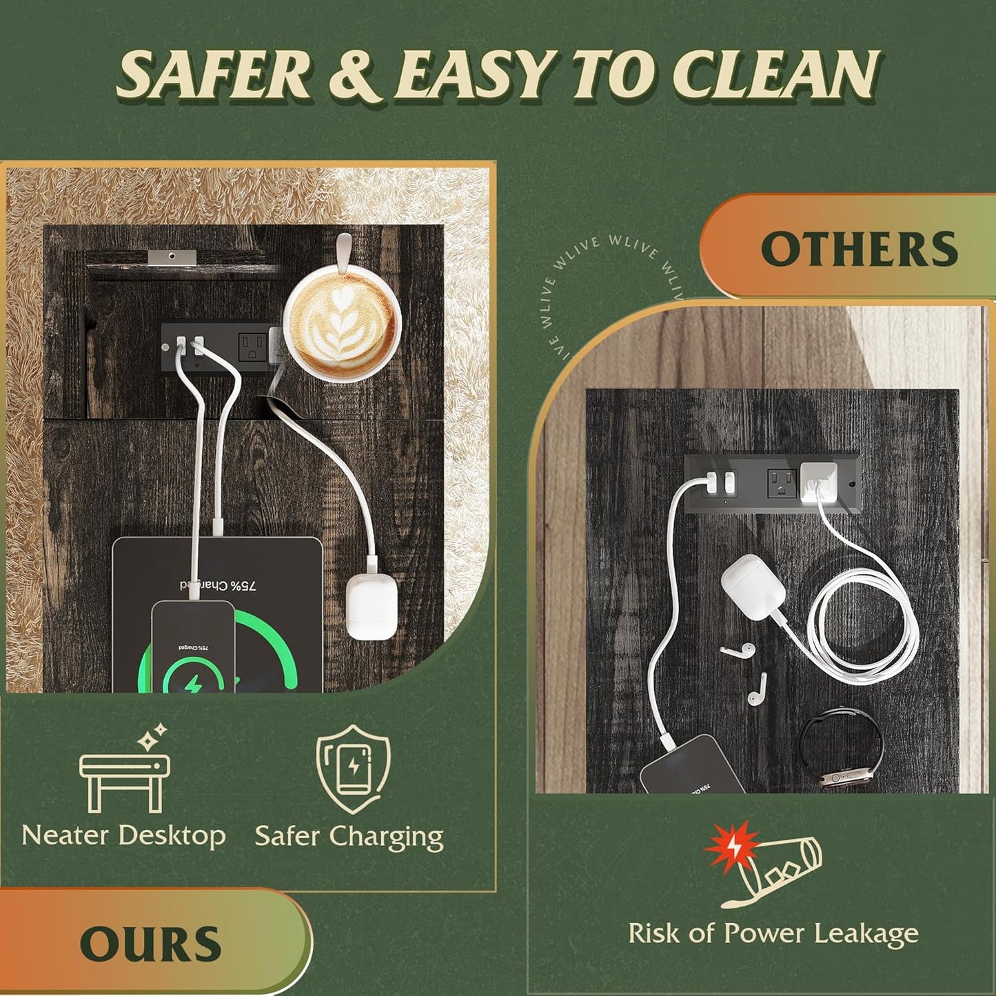 WLIVE End Table with Charging Station, Side Table with USB Ports and Outlets, Narrow Side Table for Small Spaces, Living Room, Couch, Nightstand with Storage, Brown