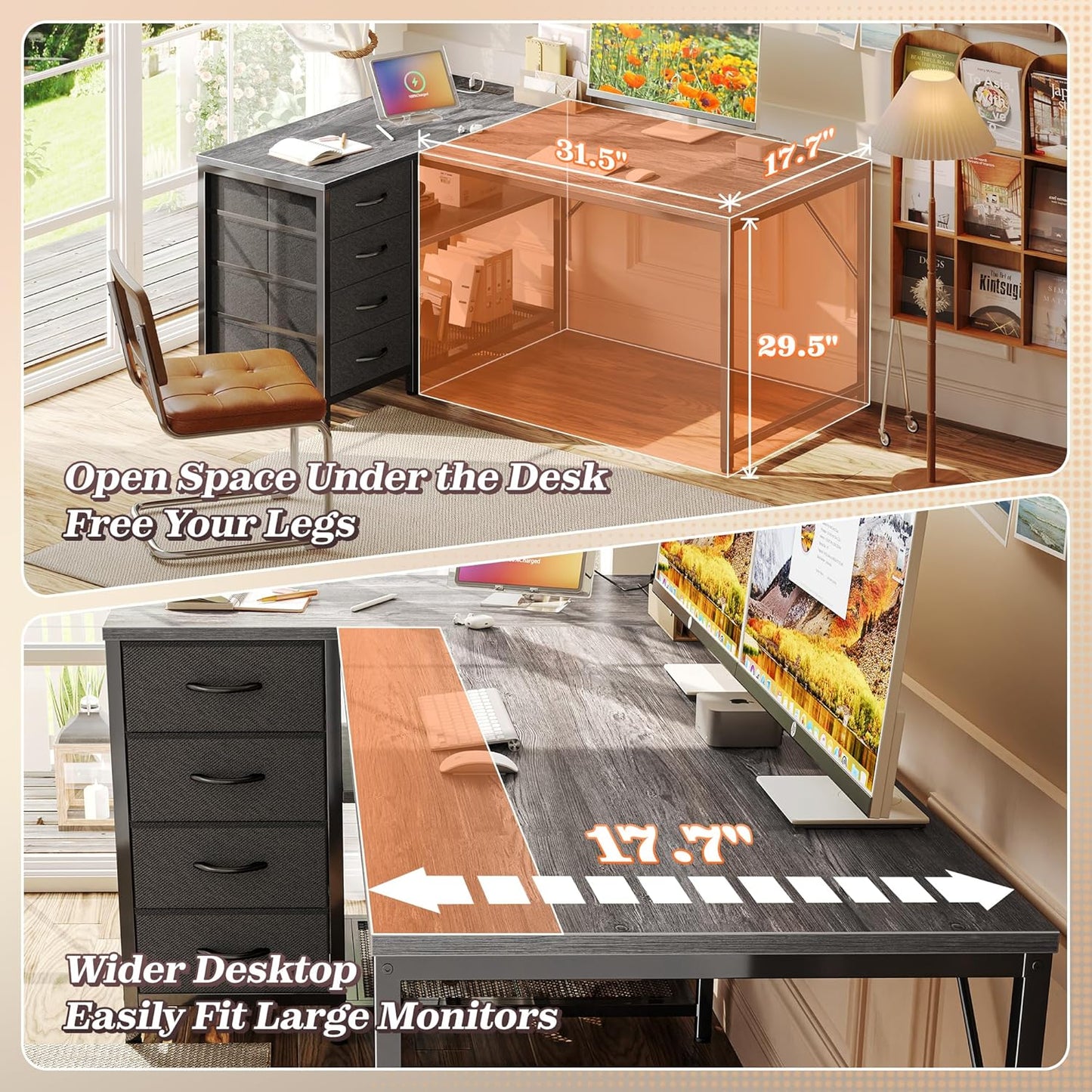 PRAISUN 43.3" Small Computer Desk with Power Outlets and USB-C Port, Reversible L Shaped Corner Office Desk with 4 Fabric Drawers and 2 Height-Adjustable Shelves, for Gaming Writing, Grey