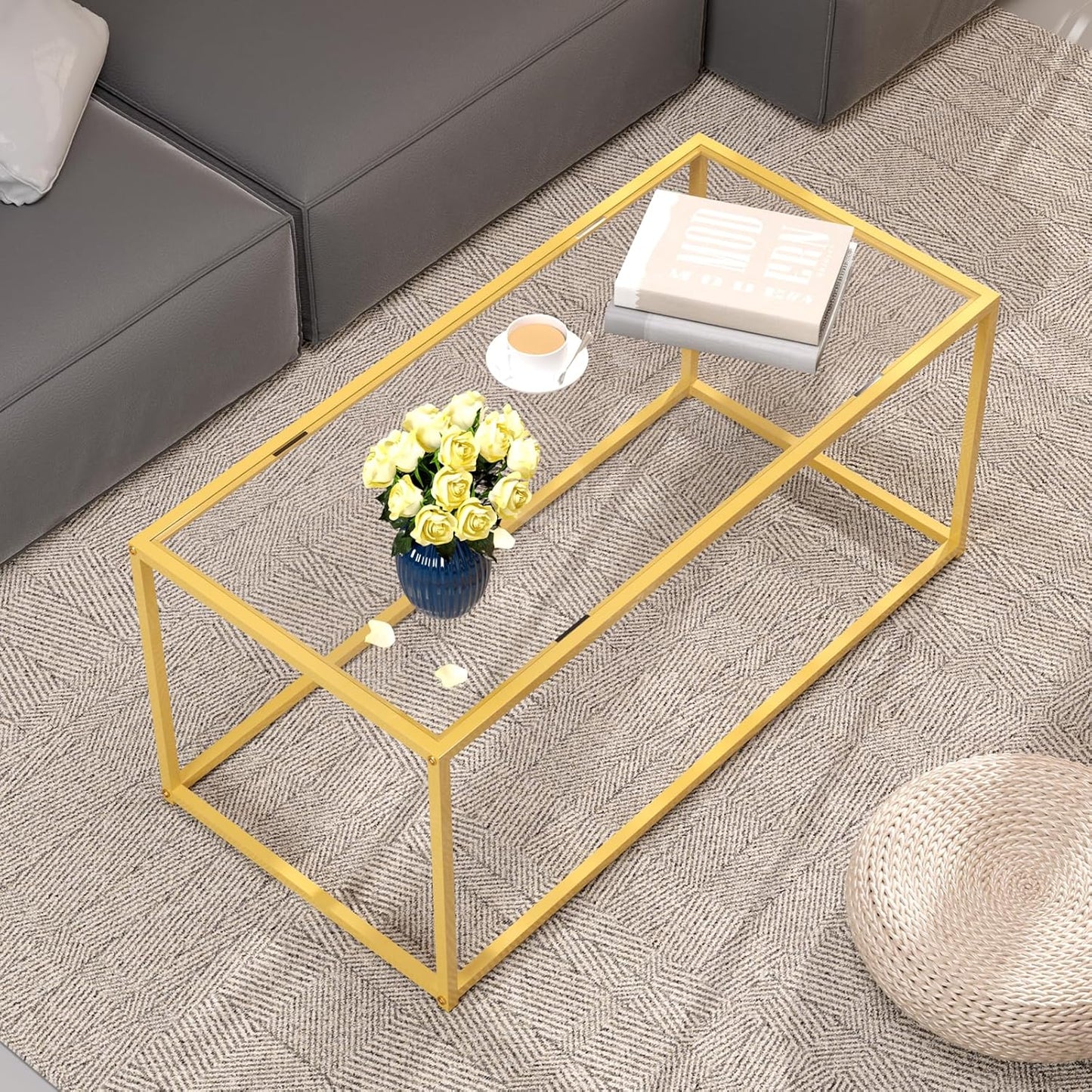 Tempered Glass Coffee Table - Minimalist Center Table for Living Room, Office - Modern Top With Sturdy Metal Frame & Open Storage - Easy Assembly, Gold