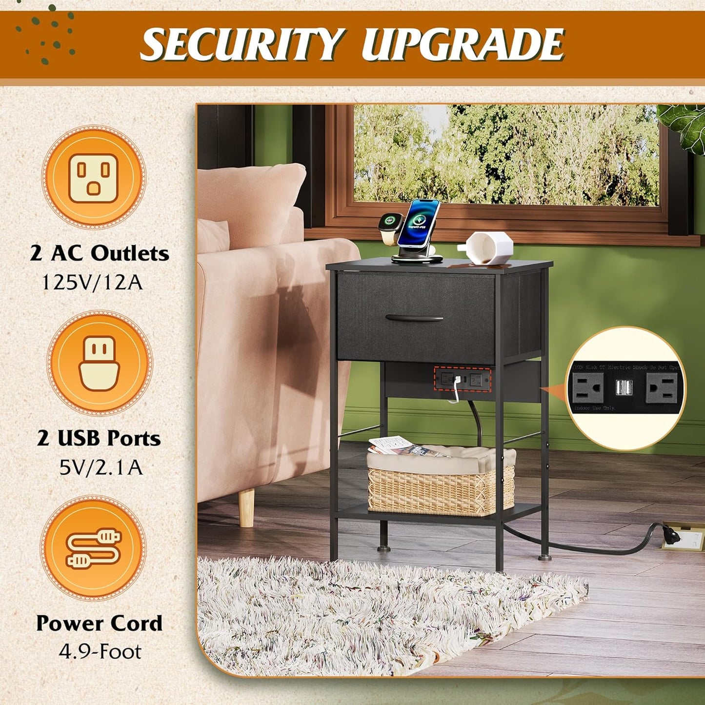 WLIVE Night Stand with Charger Station, Small Nightstand with 1 Fabric Drawer and Open Wood Shelf, 25" H Bedside Table for Bedroom, 2-Tier Storage Side Table for Dorm, Entryway, Black