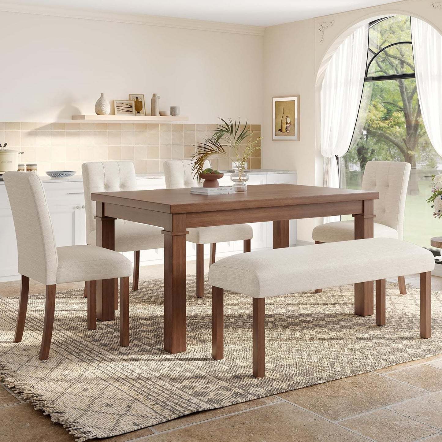 Ball & Cast Dining Table Set for 6 W/Bench & 4 Upholstered Chairs,6 Piece Dining Set W/ 60" Rectangle Kitchen Table & Anti-Scratch Pads,Table and Chairs Set for Living Room,Dining Room,Walnut