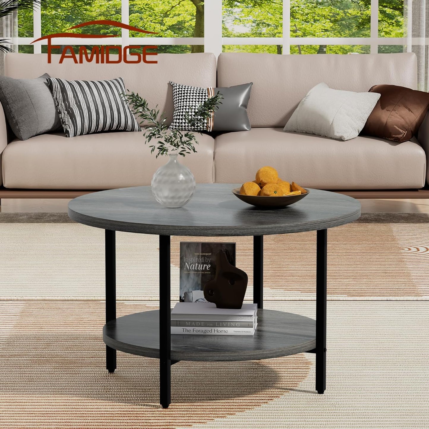 Coffee Table, 2 Tier Coffee Tables for Living Room, Round Coffee Table with Storage, Floor Table for Bedroom, Home Office, Grey (27.6" D x 17.7" H)