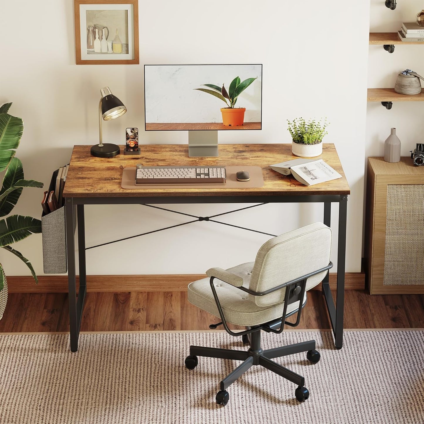 Cubiker Computer Desk 55 inch Home Office Writing Study Desk, Modern Simple Style Laptop Table with Storage Bag, Brown