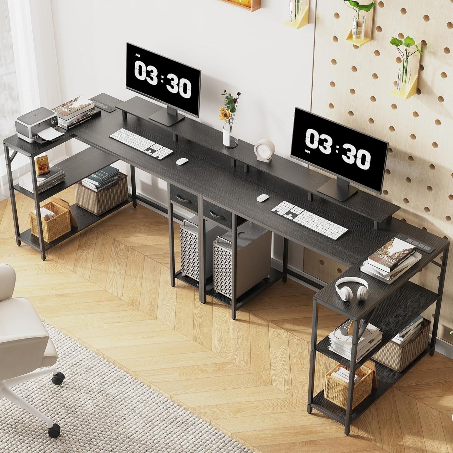 47 inch Gaming Desk with Power Outlet & LED Light, Reversible L Shaped Desk, L Shaped Desk with Hook & Monitor Stand, Computer Desk with Drawer and Shelves for Home Office Bedroom