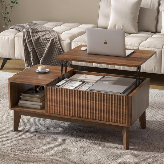 LYNCOHOME Fluted Lift Top Coffee Table with Hidden Compartment, Modern Center Table for Living Room, Home Office（Walnut）