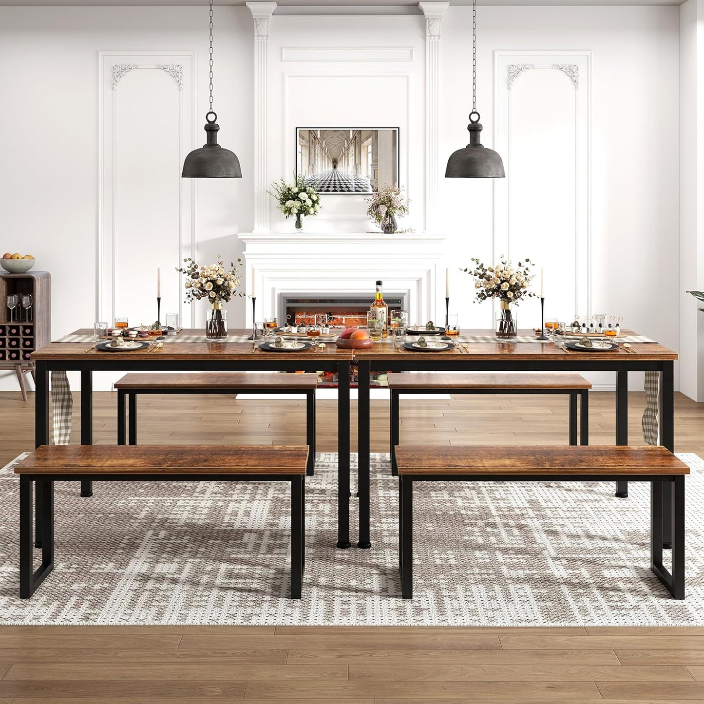 soges 39.4 in Kitchen Table Set with 2 Benches, Dining Table Set for 4, 3 Piece Wooden Industrial Style Dining Room Table and Long Benches, Breakfast Table Coffee Table Set, Retro