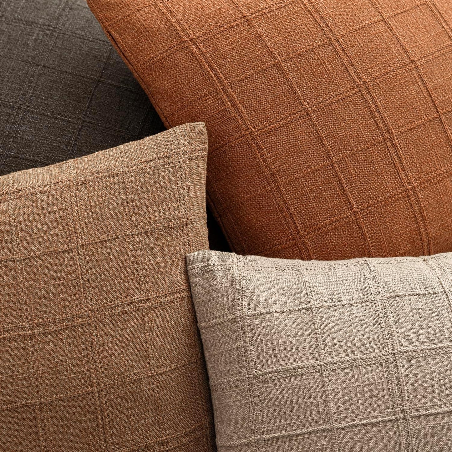 Foindtower Set of 2 Decorative Linen Check Throw Pillow Covers Neutral Farmhouse Vintage Cushion Covers Modern Boho Home Decor for Sofa Chair Couch Bedroom Living Room Outdoor,18×18 Inch,Orange