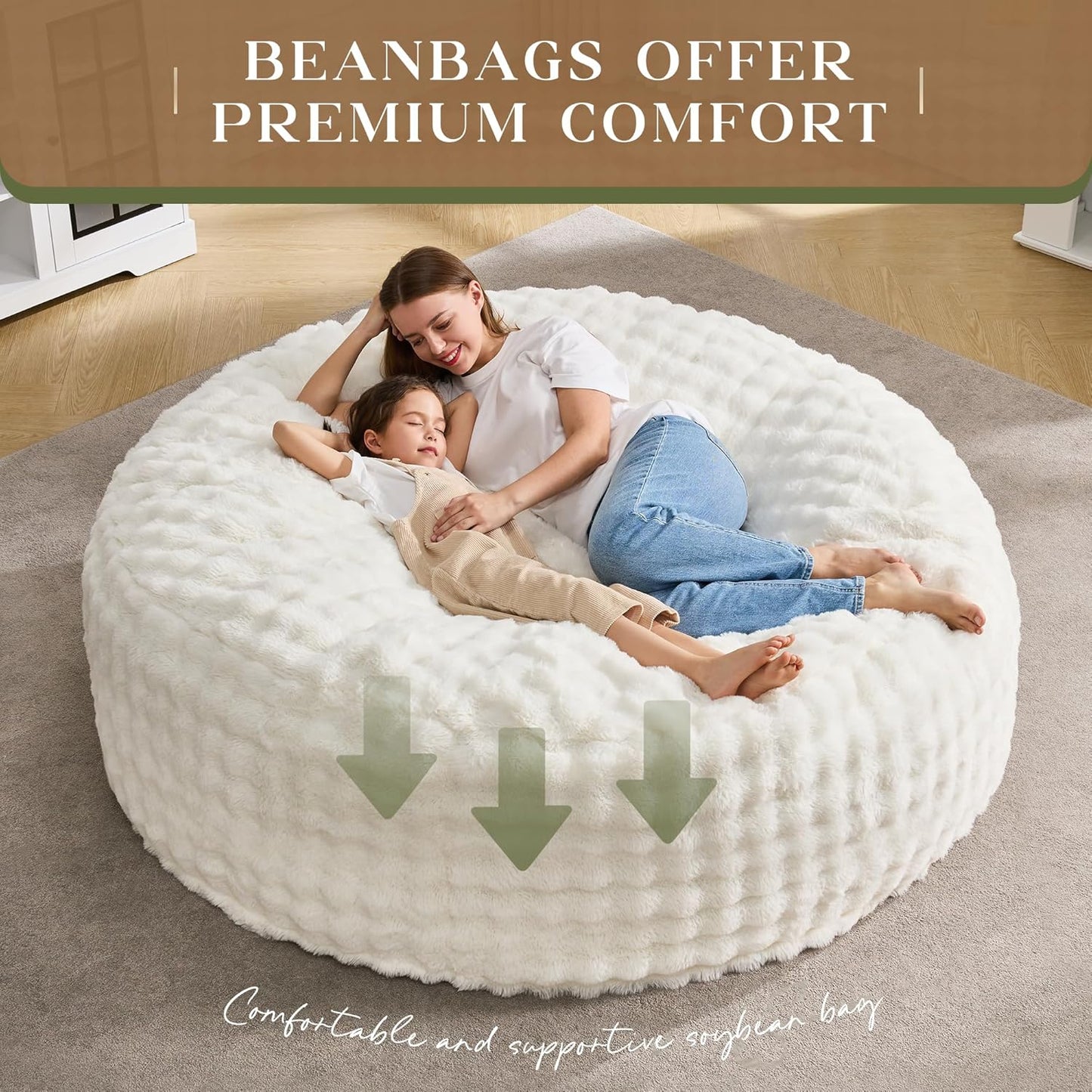 Hobestluk Bean Bag Chairs 6ft Beanbag Chair with Filler Adult Bean Bags with Fluffy & Machine Washable Cover, Giant Bean Bag Chairs for Aduts (White, 6FT-70" x 70" x 15")