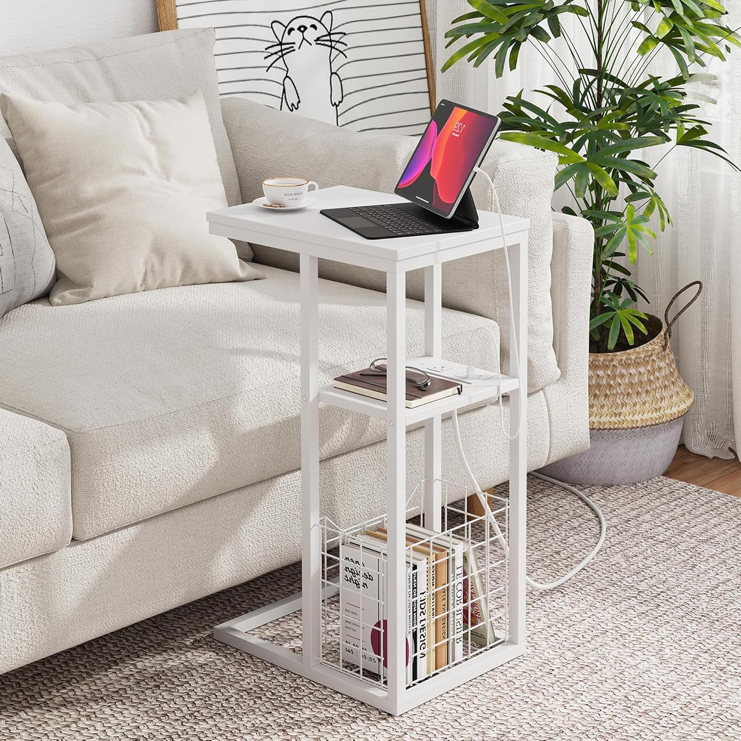 Vagusicc C Shaped End Table with Charging Station, Side Table for Couch, Small Side End Table for Small Spaces, 28" High Slide Under Sofa Table for Coffee, Tv Tray Table for Living Room, White