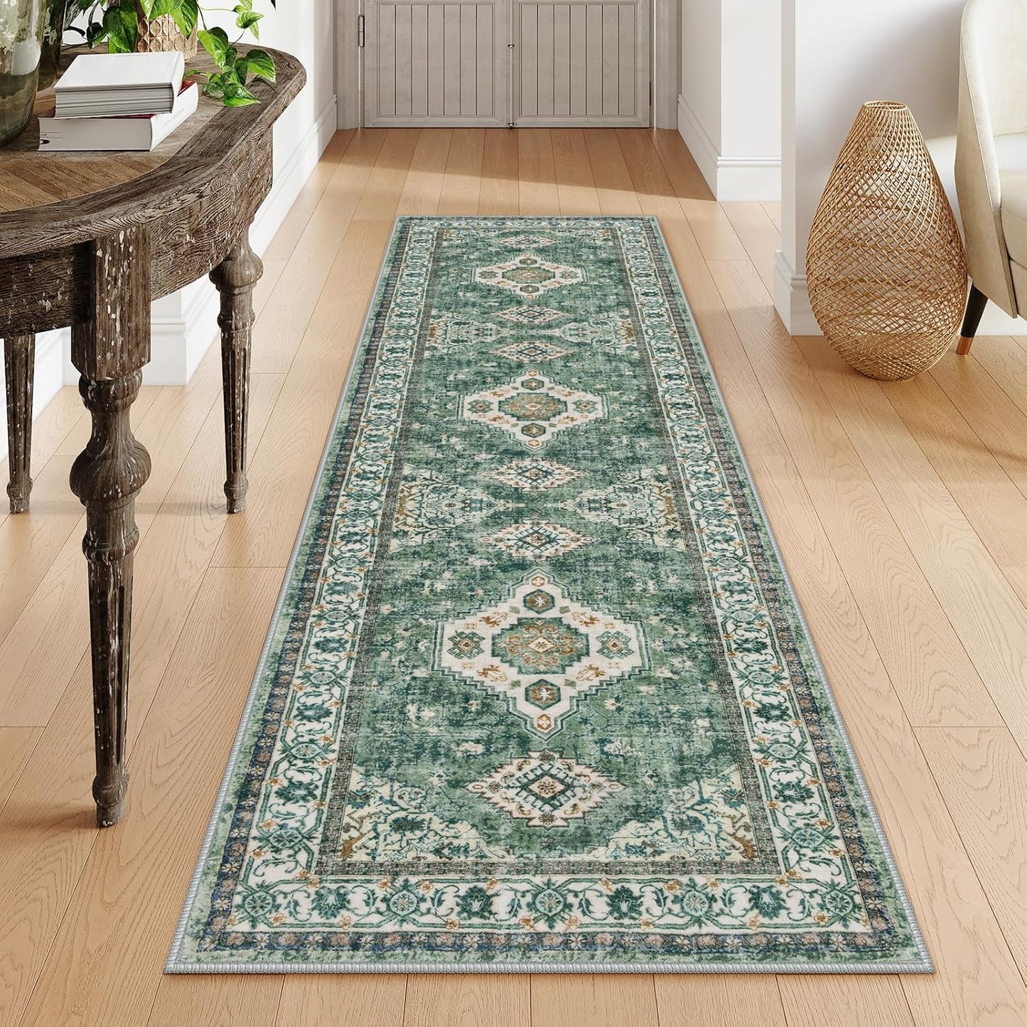 Lahome Oriental Hallway Runner Rug, 2.5x8 Kitchen Runner Non Slip Ultra-Thin, Soft Washable Hallway Rug Non Shedding Long Carpet for Entryway ‎Laundry Room Bathroom, Green/Multi