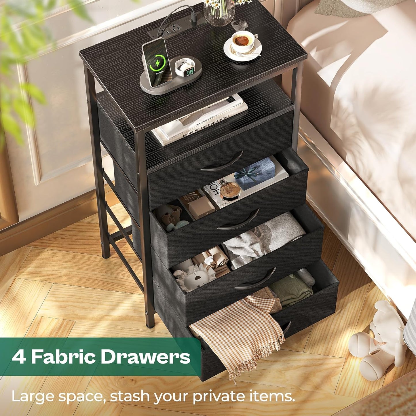 Huuger Night Stand with Charging Station, 4 Drawer Dresser for Bedroom, Bedside Table, 33.9 Inch Tall Nightstand with Open Shelf, End Table, for Closet, Entryway, Bedroom, Black