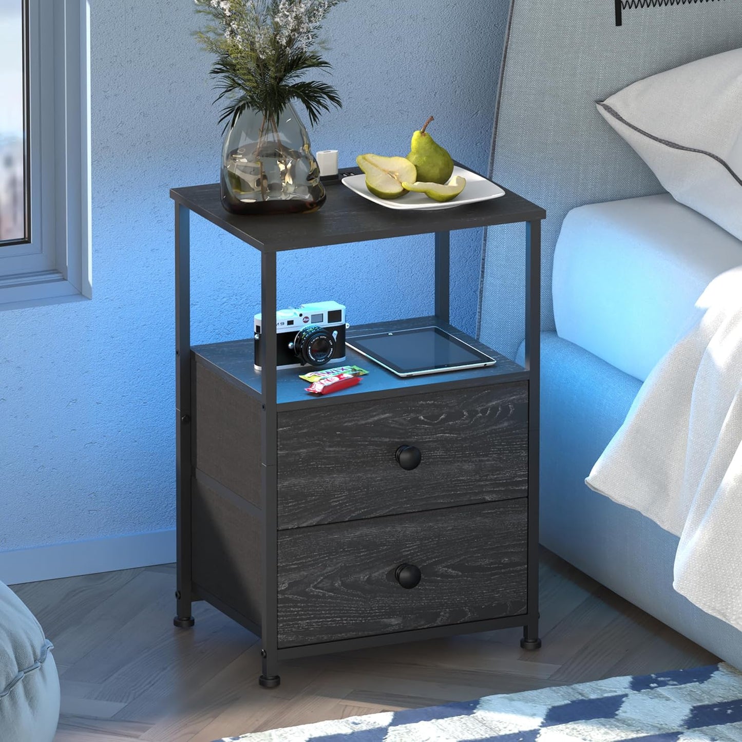 Tohomeor End Table with Charging Station, LED Light, Fabric Drawers, and USB Ports - Charcoal