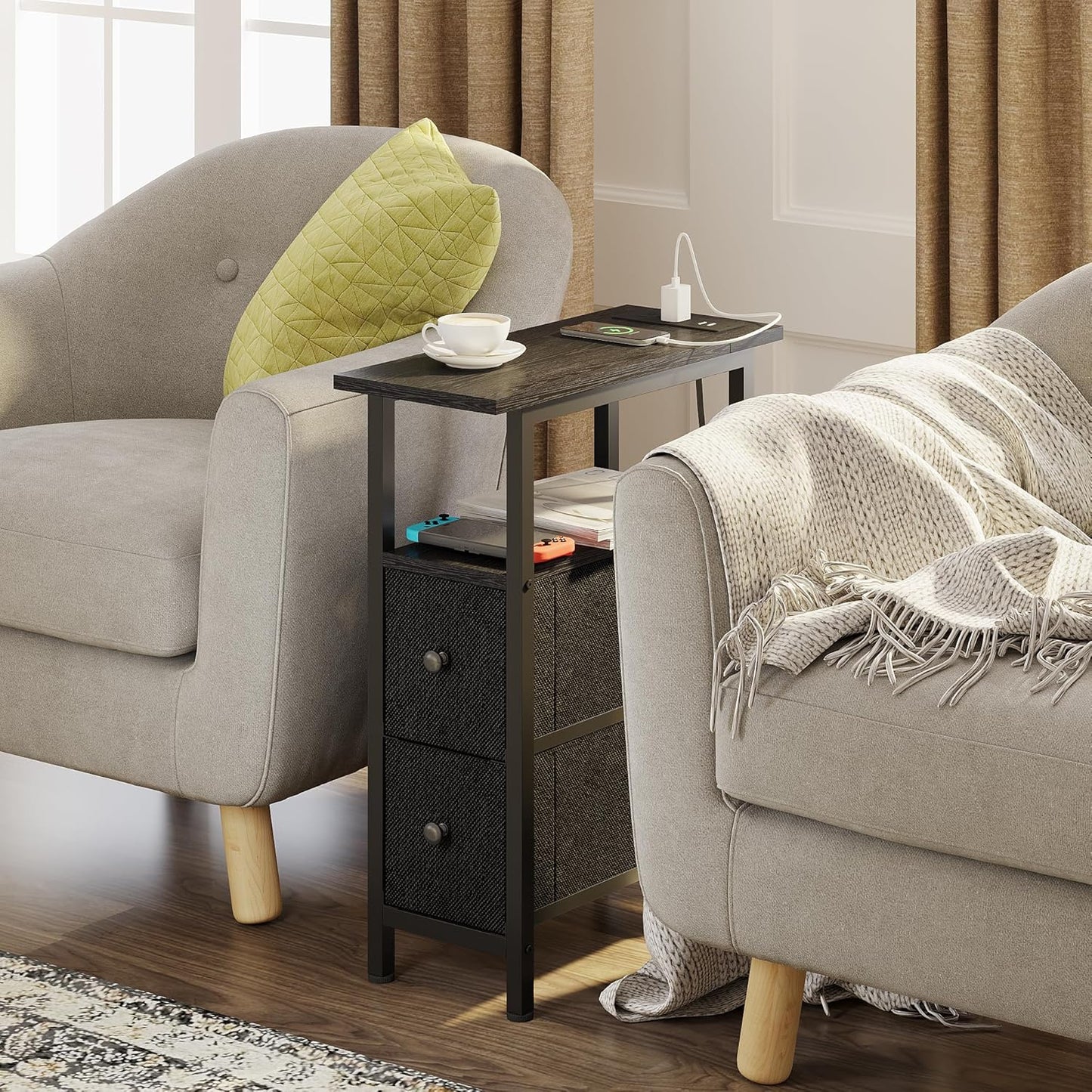 End Table Set 2 with Charging Station, Narrow Side Table with 2 Fabric Drawers, Skinny Nightstand with LED Light, Slim Bedside Table for Bedroom, Living Room, Small Spaces, Black