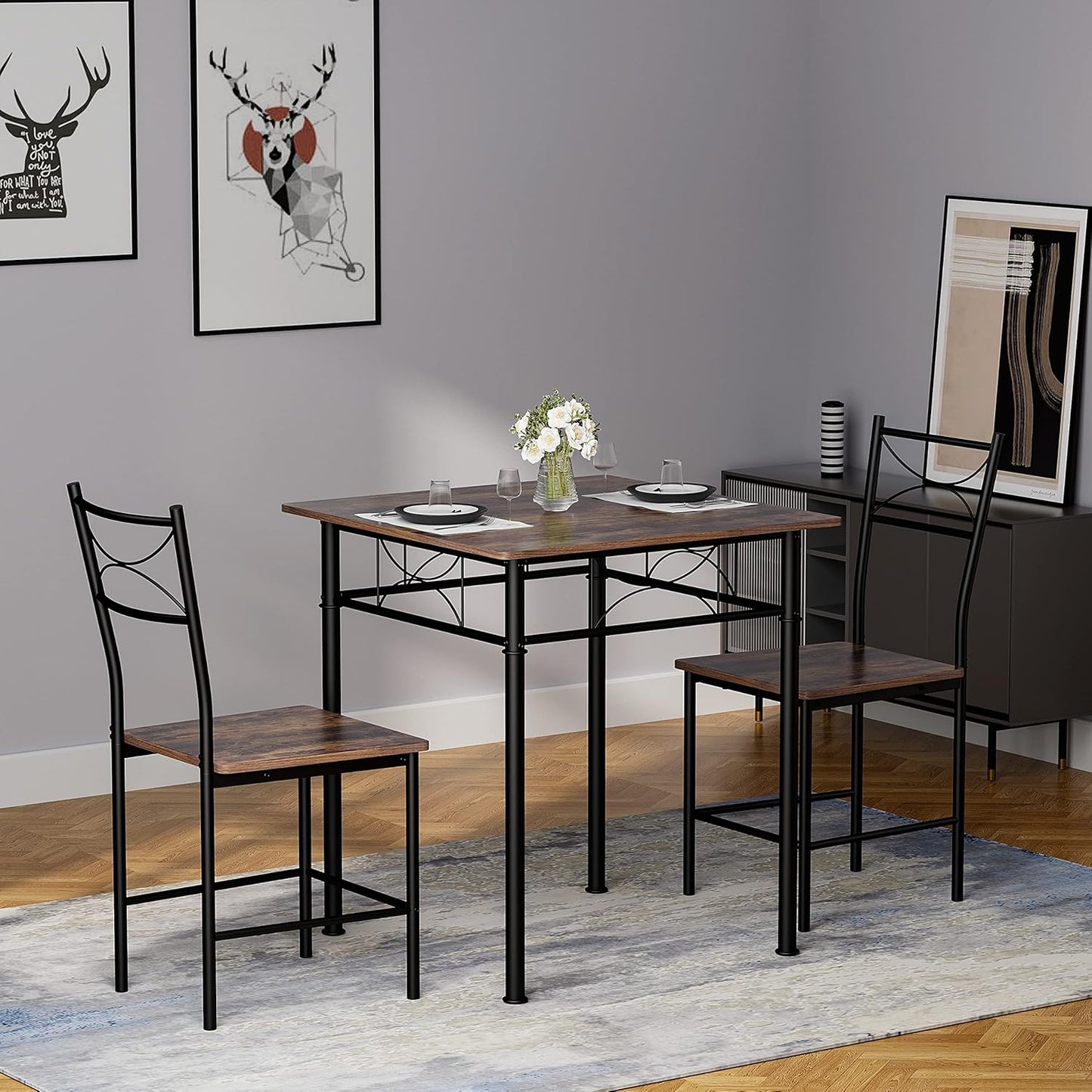 JOIN IRON 3-Piece Kitchen Dining Room Table Set for Small Spaces，Iron Wood Square Table with 2 Chairs for Kitchen Dining Room Furniture