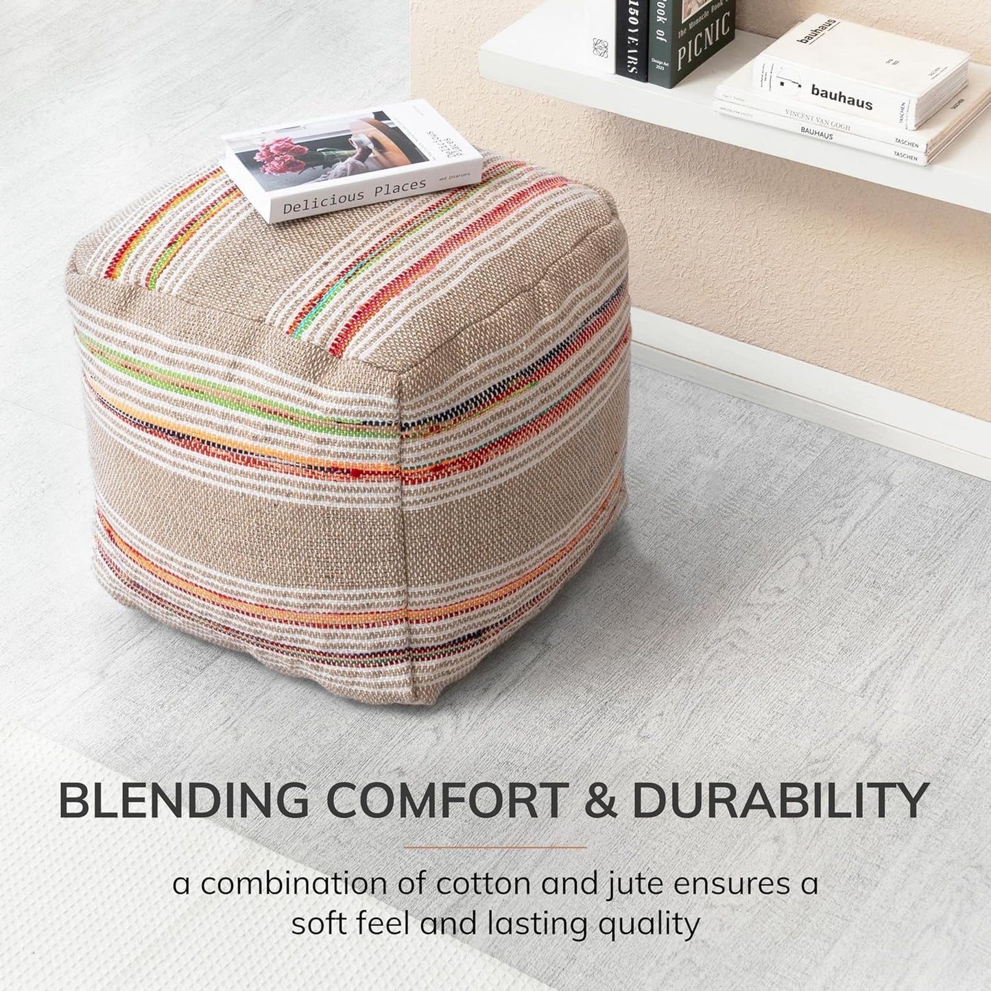 Anji Mountain 100% Handmade & Handcrafted Comfortable Home Décor Pouf Ottoman Footrest for Living Room, Bedroom, Nursery, Kidsroom, Patio Furniture - (20" x 20" x 20"- Multicolor,Beige,White)