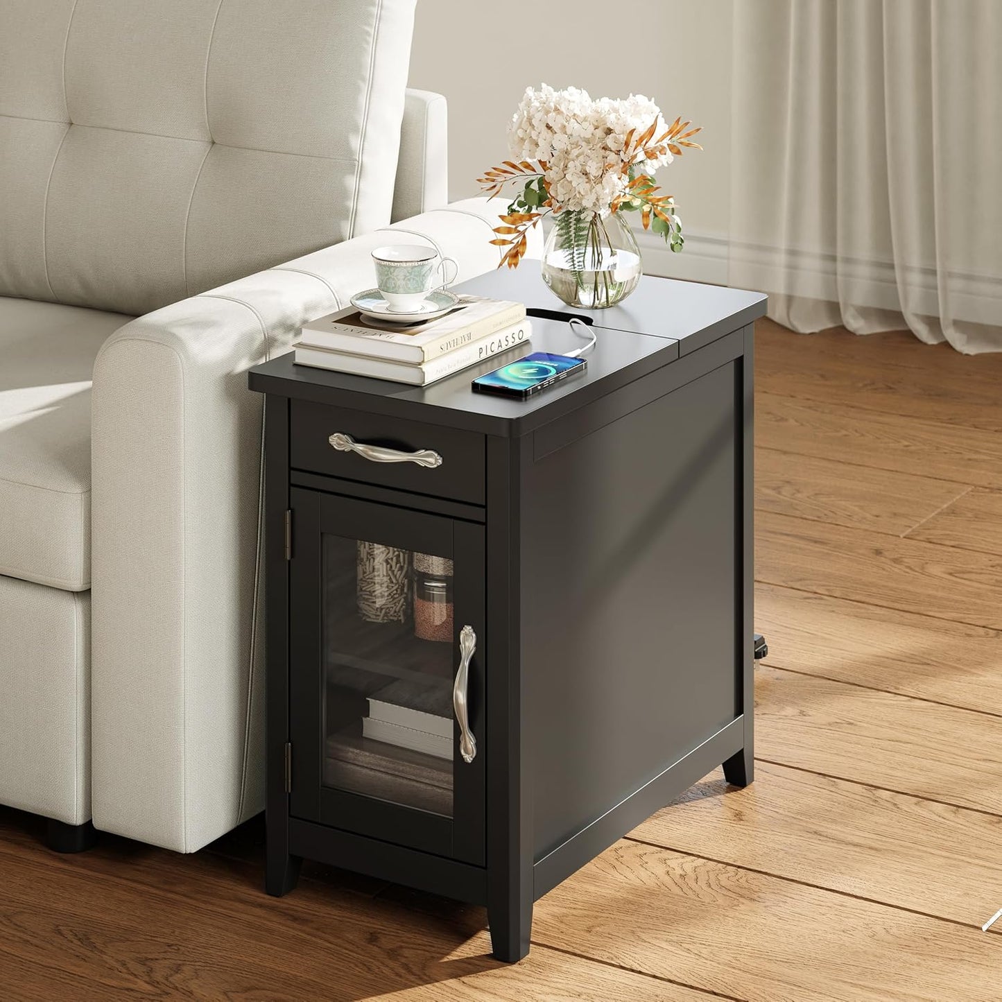 LINSY HOME End Table with Charging Station, Side Table for Bedroom with Drawer and Detachable Holder, Storage Shelf with Glass Door, Extra Storage & Display Space, Small Nightstand for Living Room