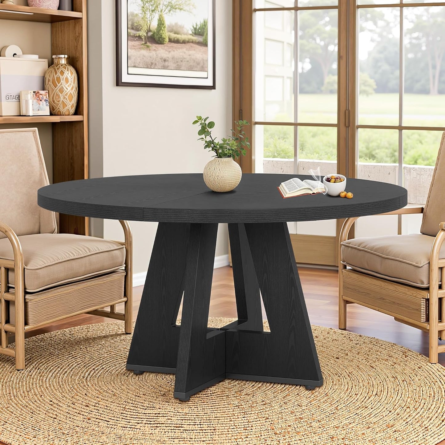 Round Dining Table for 4, 47" Wooden Kitchen Dinner Table Rustic, Farmhouse Table for Dining Room, Living Room, Black