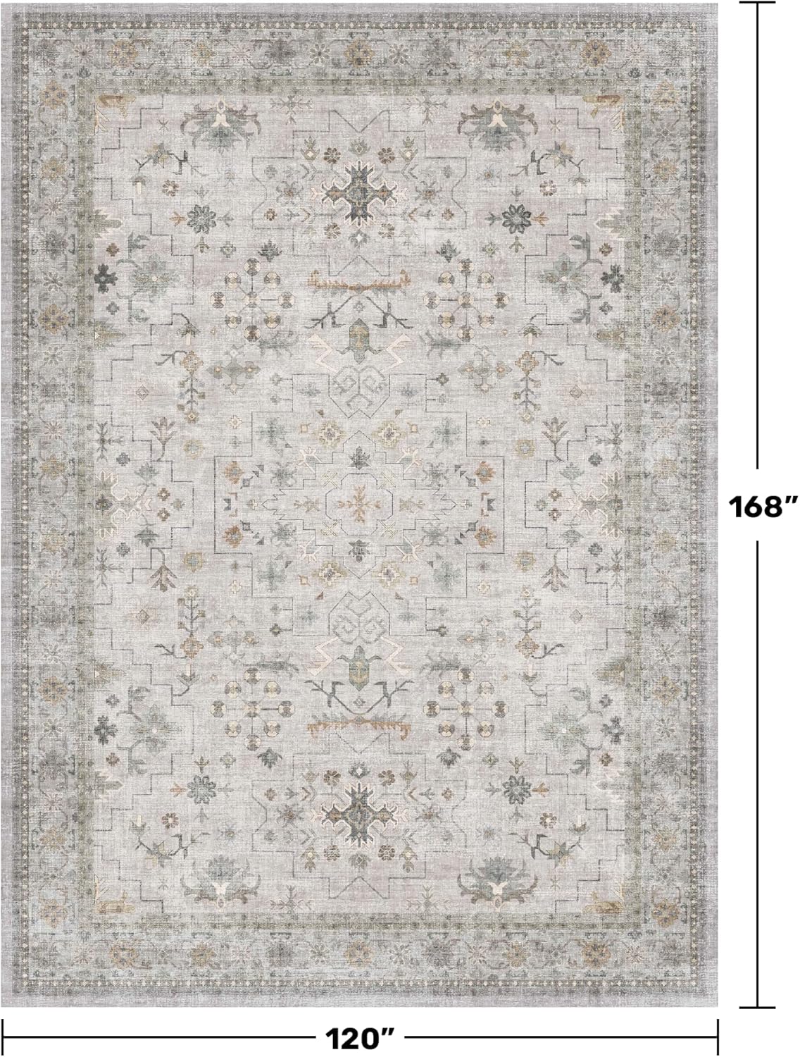Boho Light Grey Living Room Rug 10x14 - Modern Vintage Eclectic Floral Pastel Neutral Taupe, Washable Low Pile Non-Slip Extra Large Area Rugs for Dining Under Table Bedroom Lounge