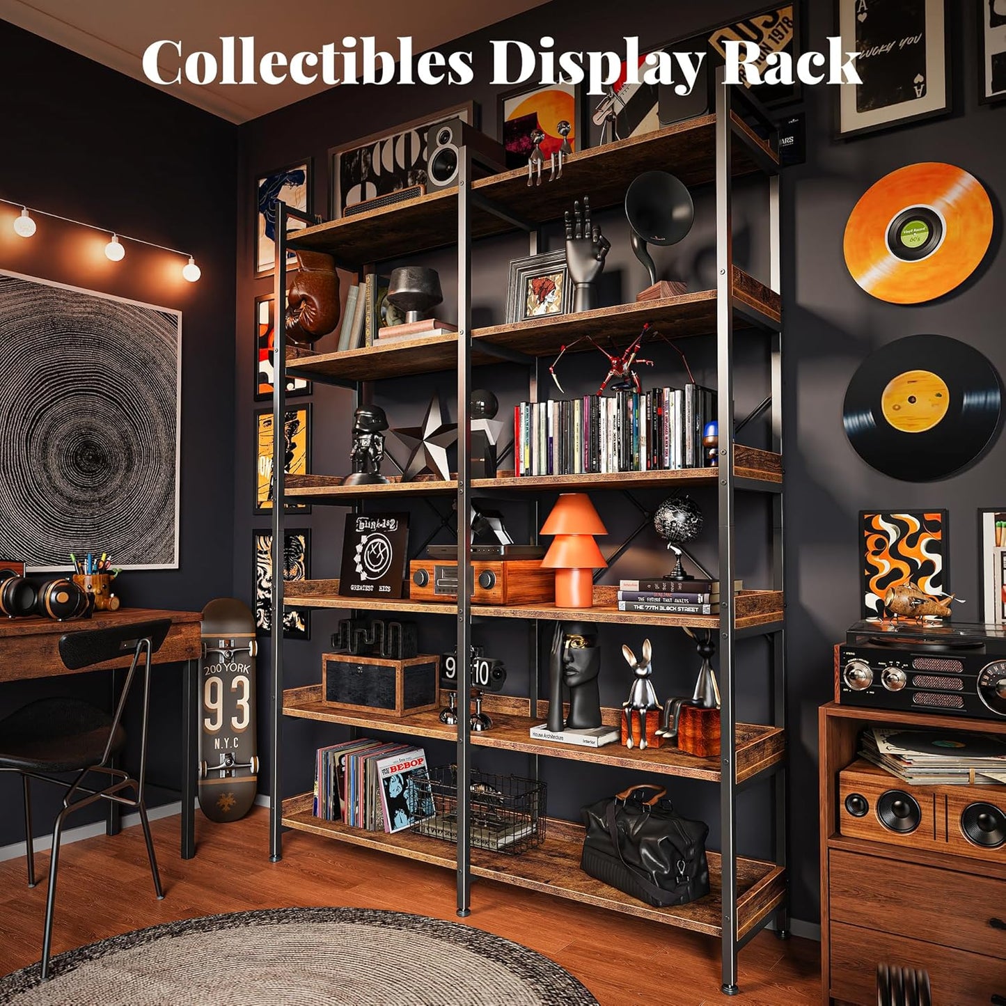 Huuger 6 Tier Bookshelf, Corner Bookshelf with 12 Open Shelves and Raised Baffle, 47.2 Inch Straight Wide Bookcase with Metal Frame and Wooden Board, Adjustable Feet, Rustic Brown