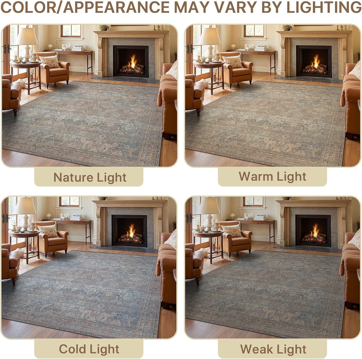 9X12 Area Rugs Machine Washable Rugs for Living Room, Vintage Boho Large Rugs for Bedroom Dining Room, Non Slip Indoor Soft Distressed Lightweight Thin Low Pile Carpet, Dusty Blue