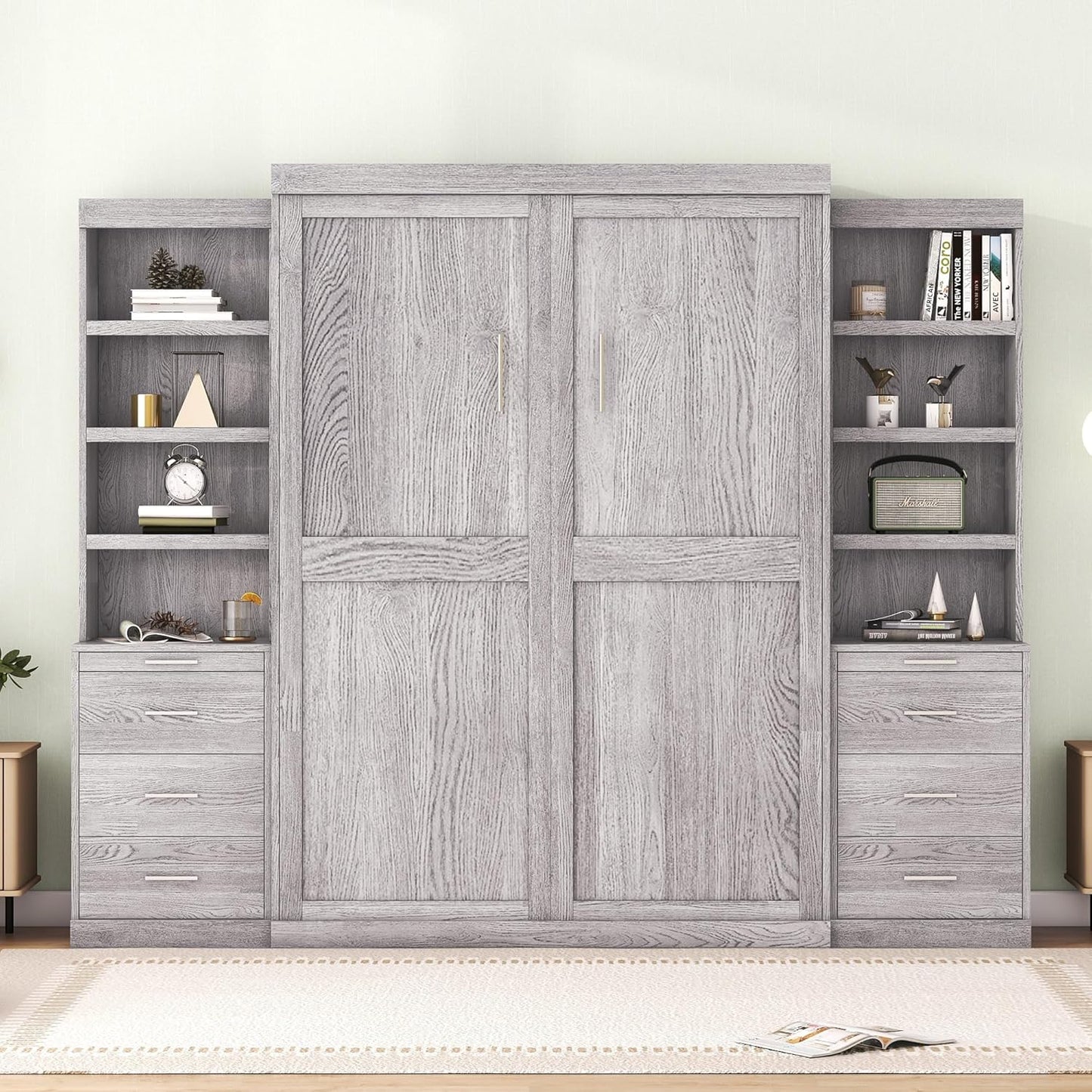 Full Size Murphy Bed with Storage Shelves and Drawers,Easy Fold Wood Wall Bed, Space-Saving Murphy Bed Cabinet for Guest Room Home Office,Gray