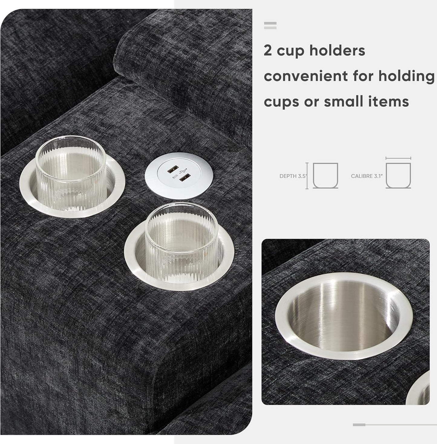 Merax Modern Sectional Sofa with Cupholders, Console and USB Charging Ports, Chenille Upholstered Sleeper Couch & Double Cushions, Symmetrical Chaise Indoor Furniture for Living Room, Apartment, Black