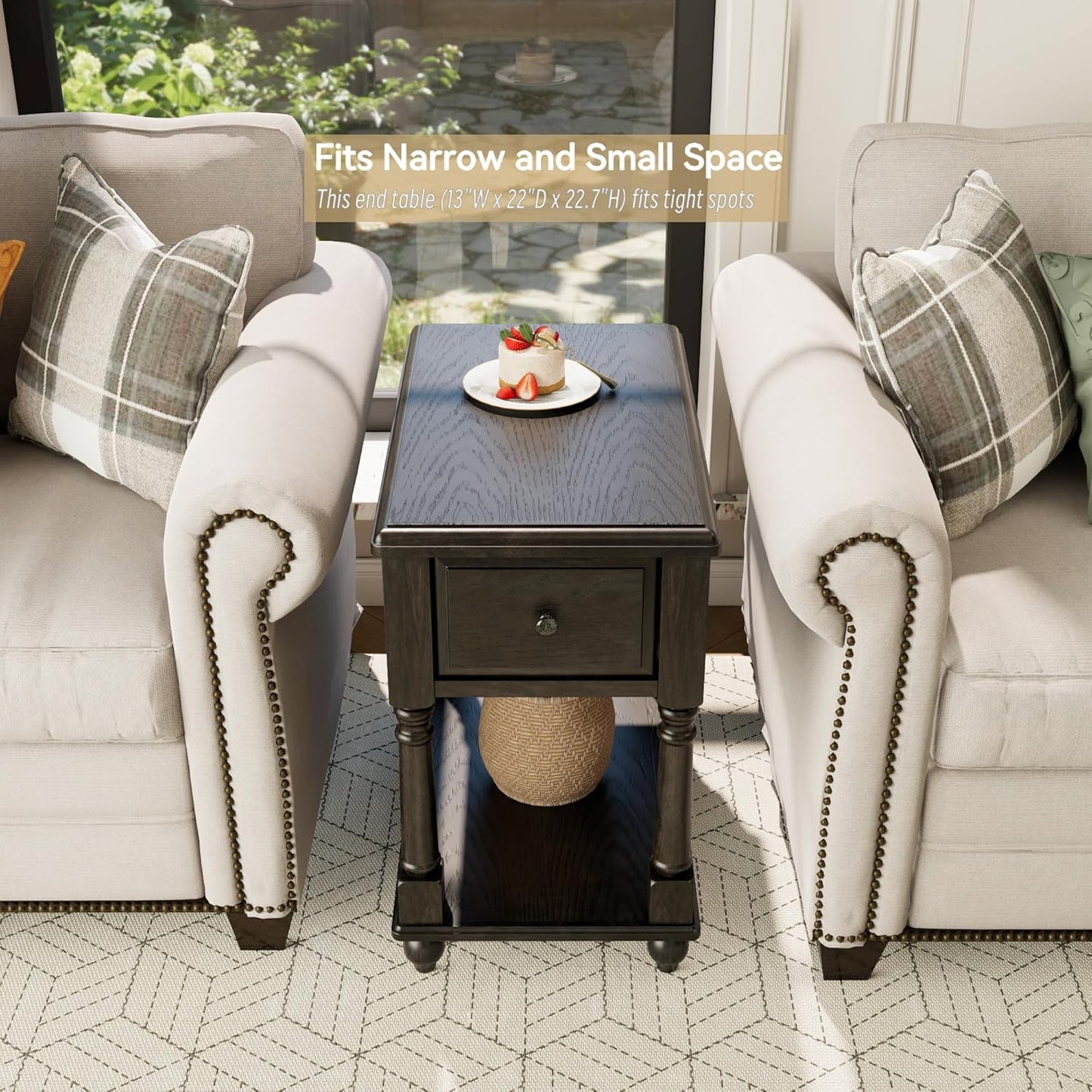 Narrow End Table with Drawer and Open Storage Shelf, Solid Wood Sofa Side Table for Living Room, Beside Table,Telephone Table for Small Spaces, No-Tools Assembly Vintage Black BBJ004BK