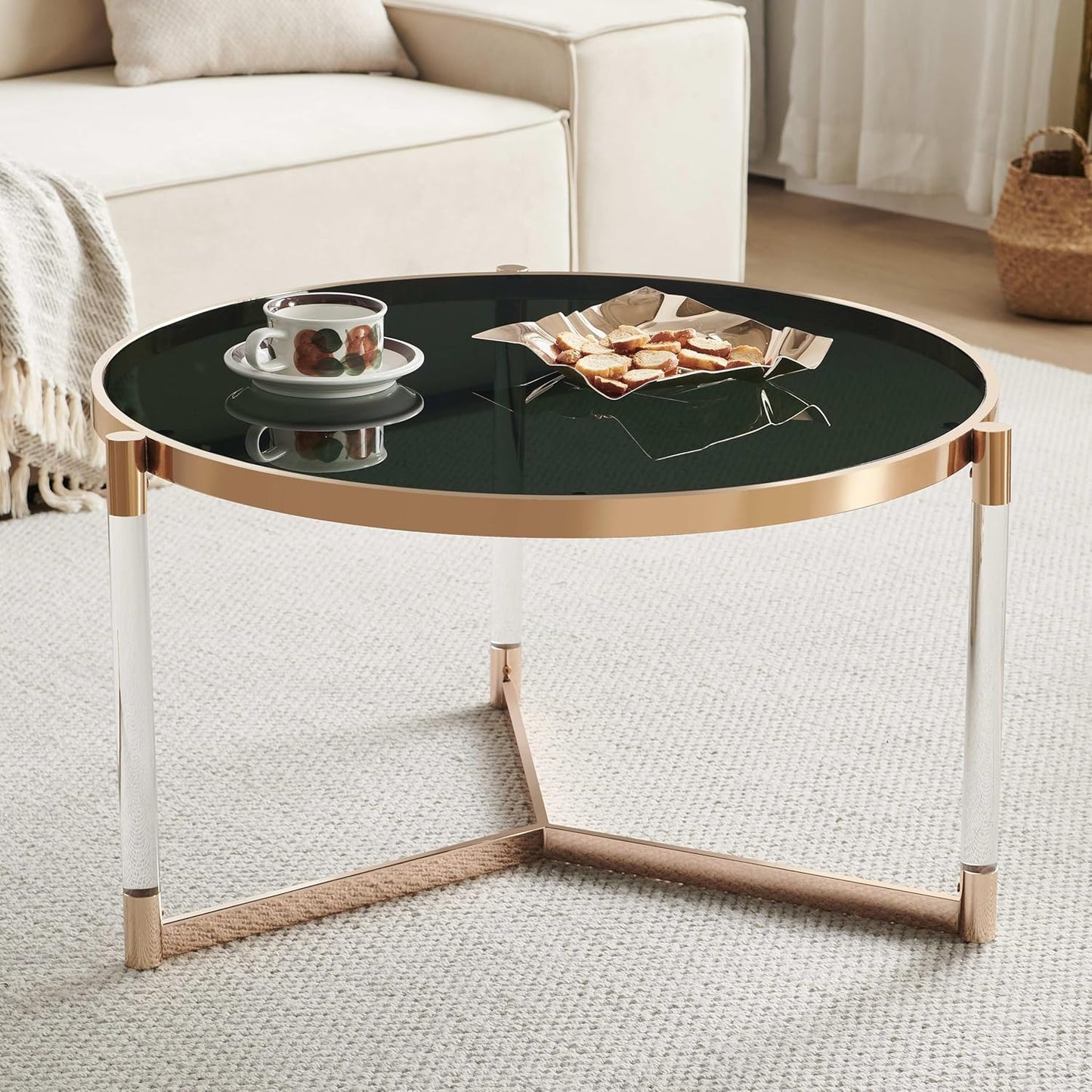 AGV LIGHTING 202303GL-BK Glass Coffee Table, Modern Design, Single Layer GlassTop, Perfect for Living Space, D31.5 x H17, Black Glass Top, Transparent Acrylic Leg & Shiny Gold Finish Metal Frame…