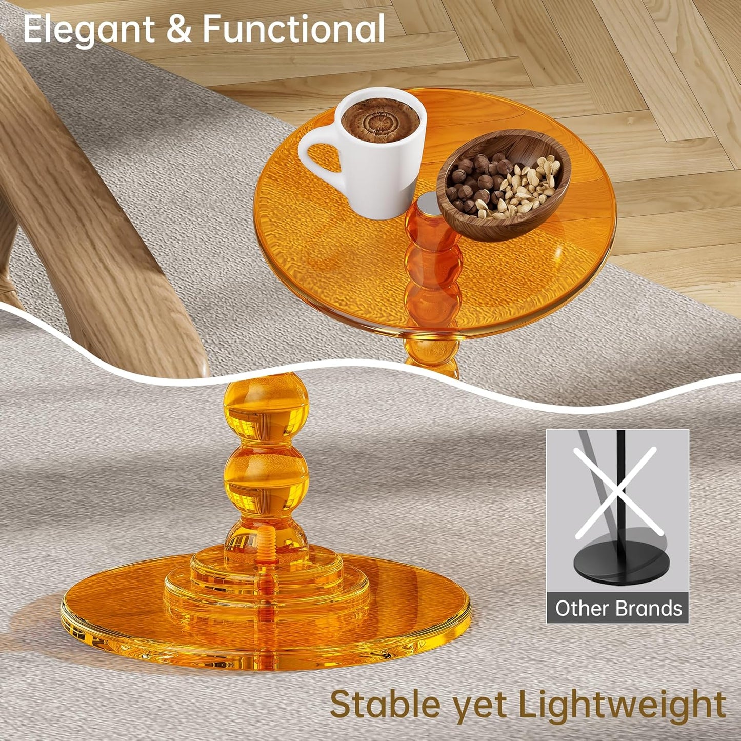 Acrylic Side Table, End Table Round Top with Solid Post for Living Room, Bedroom, Balcony, Easy Assembly (Clear) (Pedestal, Orange)