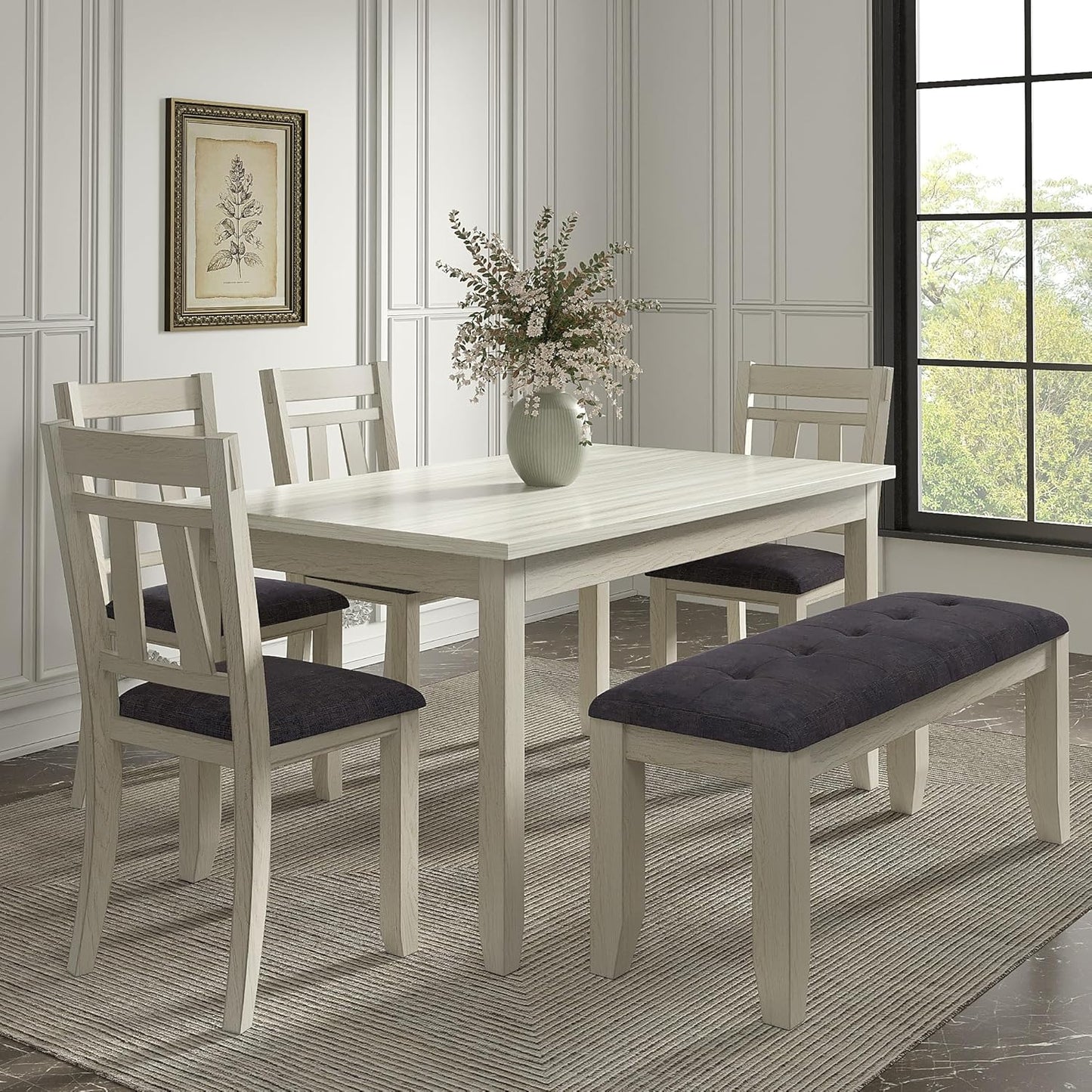 6-Piece Solid Wood Dining Table Set for 6, Modern Breakfast Dinette Kitchen Table with Bench & Chairs for Dining Room, Kitchen, Grey