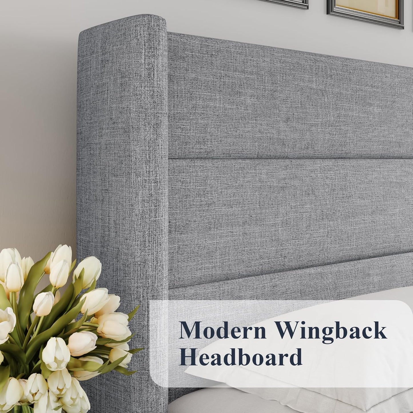 Allewie Queen Size Lift Up Storage Bed, Modern Wingback Headboard, Hydraulic Support, No Box Spring Needed, Light Grey