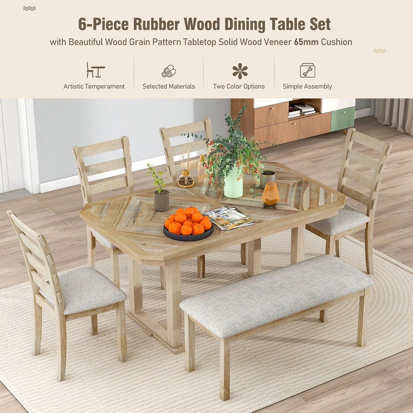 Merax 6-Piece Rubber Wood Dining Table Set with 4 Cushioned Chairs and Bench, Beautiful Wooden Grain Pattern Tabletop, Natural Wood Wash
