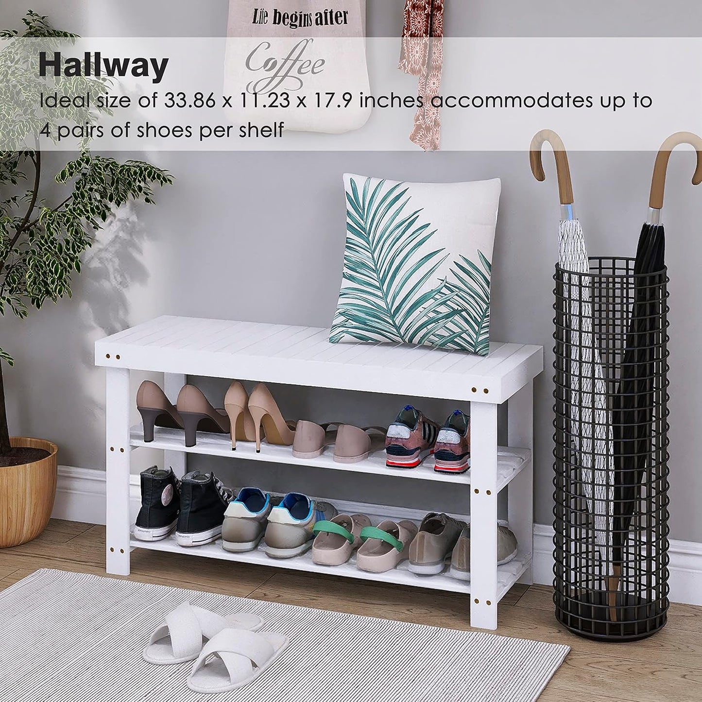 SMIBUY Bamboo Shoe Rack Bench, 3-Tier Shoe Organizer Storage Shelf for Entryway Hallway Bathroom Living Room (White)