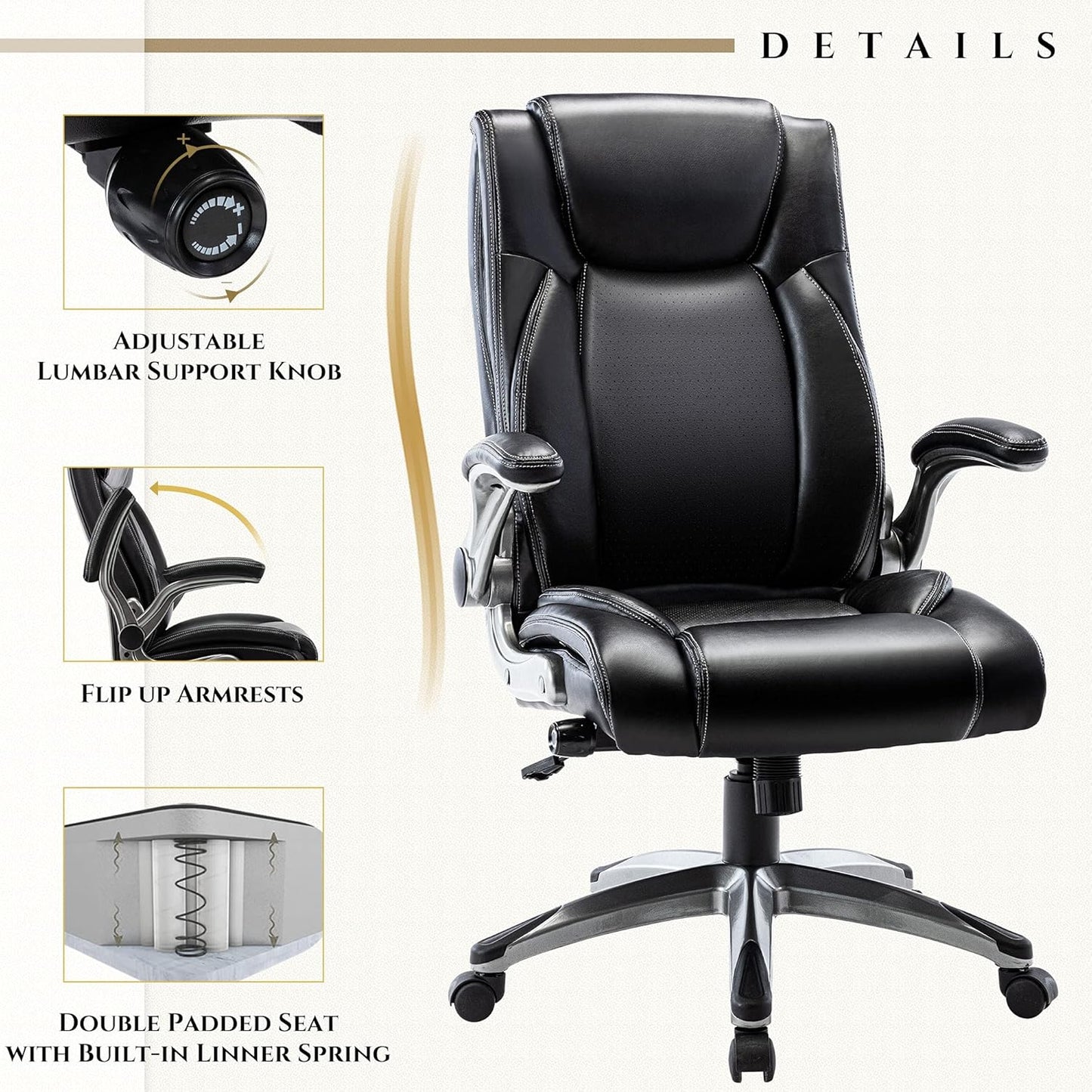 Executive Leather Office Chair, Ergonomic Office Chair with Adjustable Lumbar Support,High Back Computer Desk Chair, Flip-up Arms, Swivel Rolling Home Office Work Chair for Adults, Men, Women (Black)