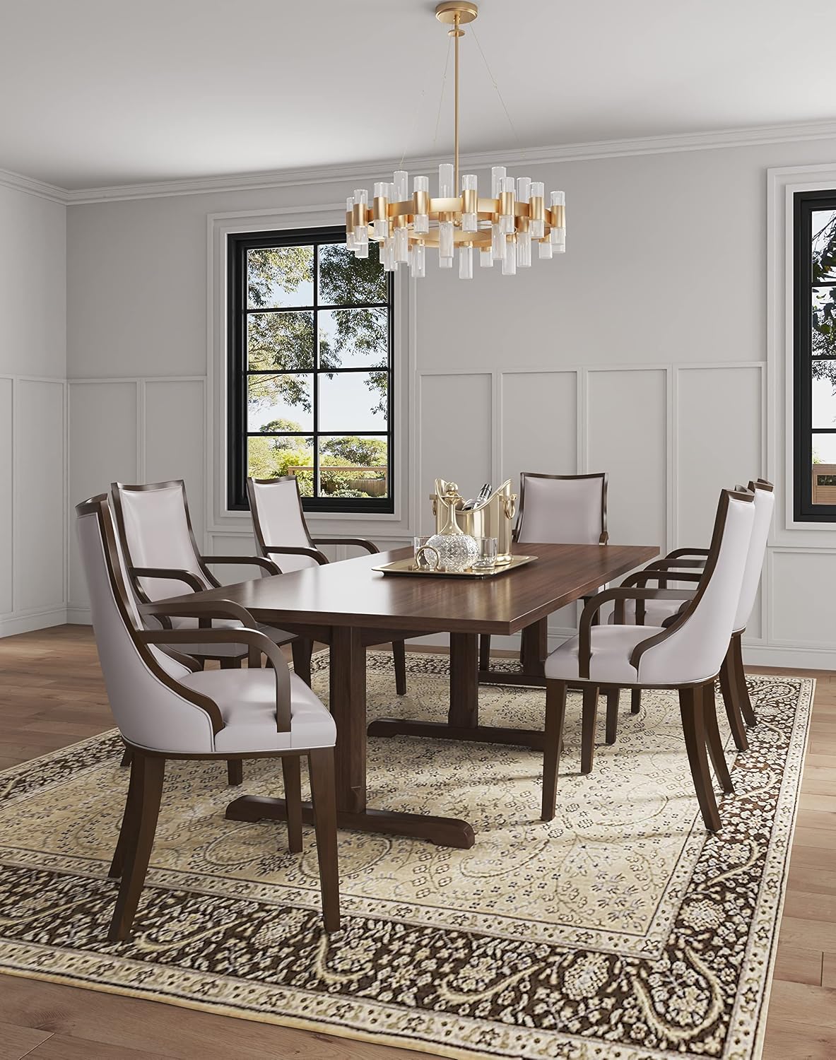 Manhattan Comfort Grand Faux Leather Dining Chairs, Traditional Design with Rectangular Channeling, Solid Beech Wood Frame, Walnut Finish, 300 lb Capacity, Fully Assembled, Set of 6, Light Grey