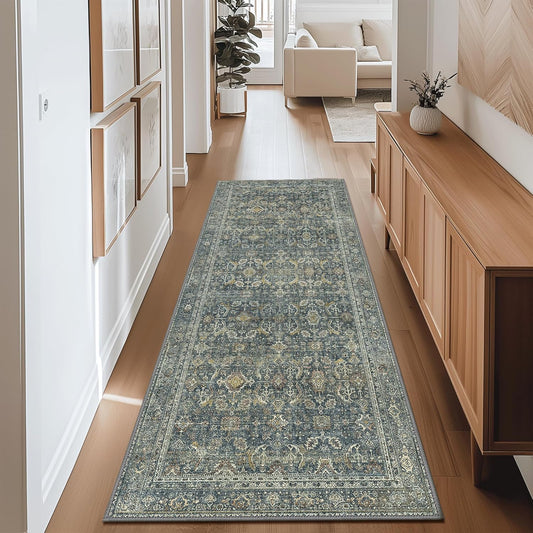 2X10 Area Rugs Machine Washable Rugs for Living Room, Vintage Boho Large Rugs for Bedroom Dining Room, Non Slip Indoor Soft Distressed Lightweight Thin Low Pile Carpet, Deep