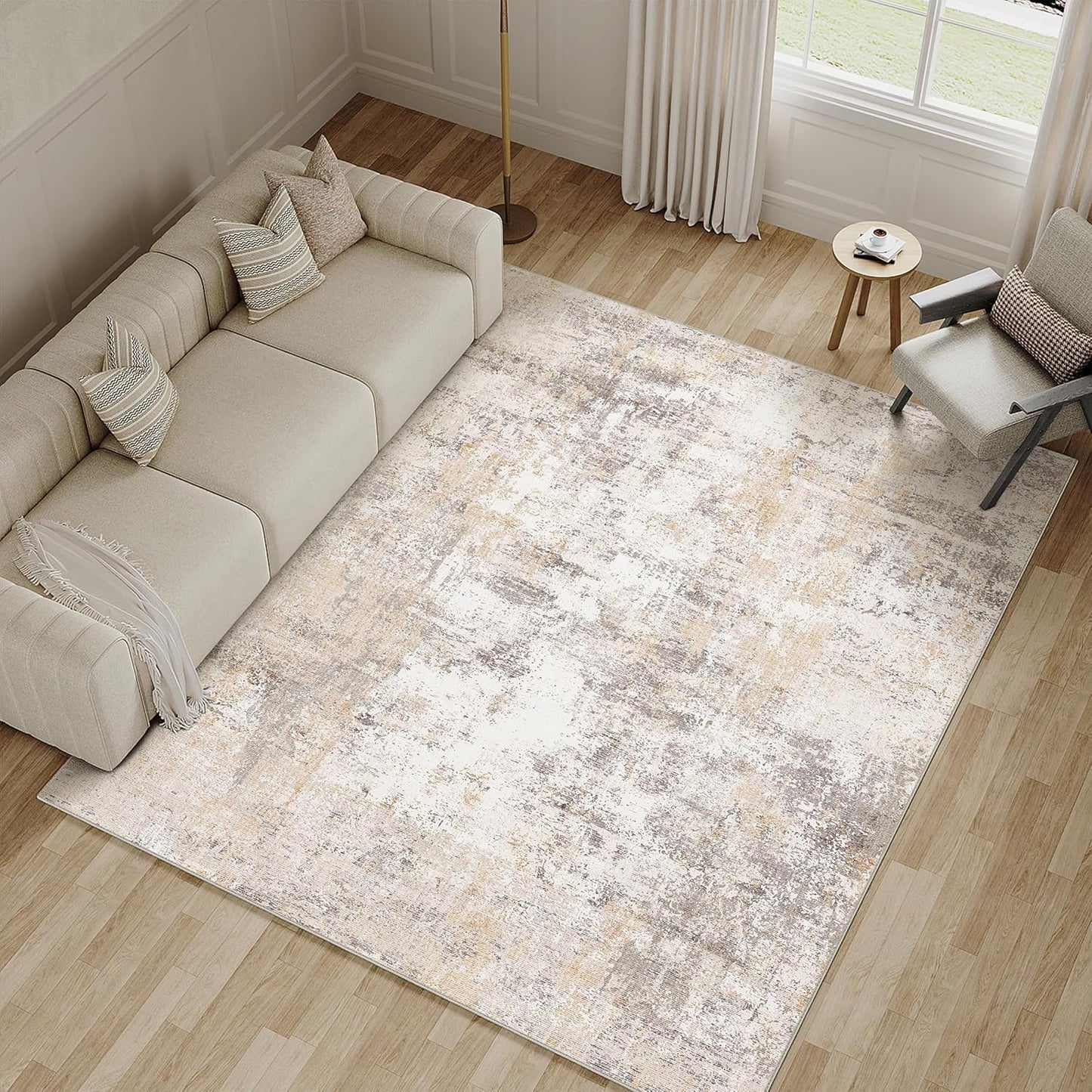 5x7 Washable Area Rug Beige Grey Neutral Abstract Living Room Bedroom Throw Rug Non Slip Soft Low Pile Indoor Floor Carpet for Dining Room Kitchen Office Entryway Home