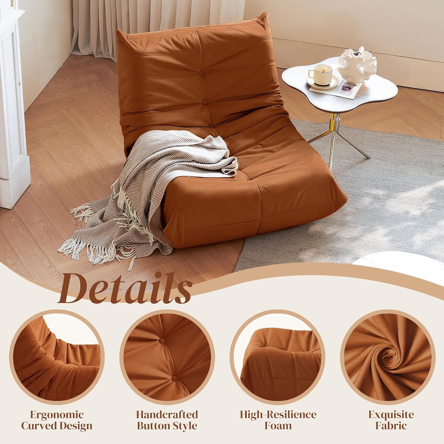 Bean Bag Chair, Fireside Chair Bean Bag Sofa for Adults, Bean Bag Chairs for Teens with High-Resilience Foam, Memory Foam & Non-Slip Base Bean Bag for Living Room, Bedroom, Office (Suede,Burnt Orange)
