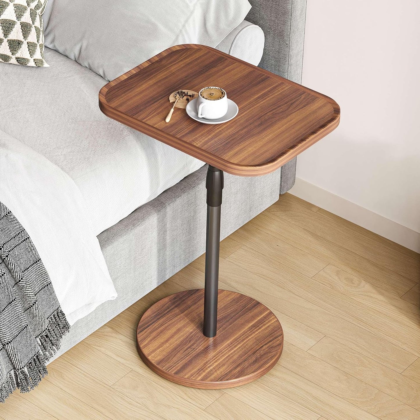 Adjustable End Table, Small Tray Side Table, Drink Table for Small Spaces, Pedestal Nightstand for Living Room, Bedroom, Sofa Couch, Rustic Brown ET-009BR