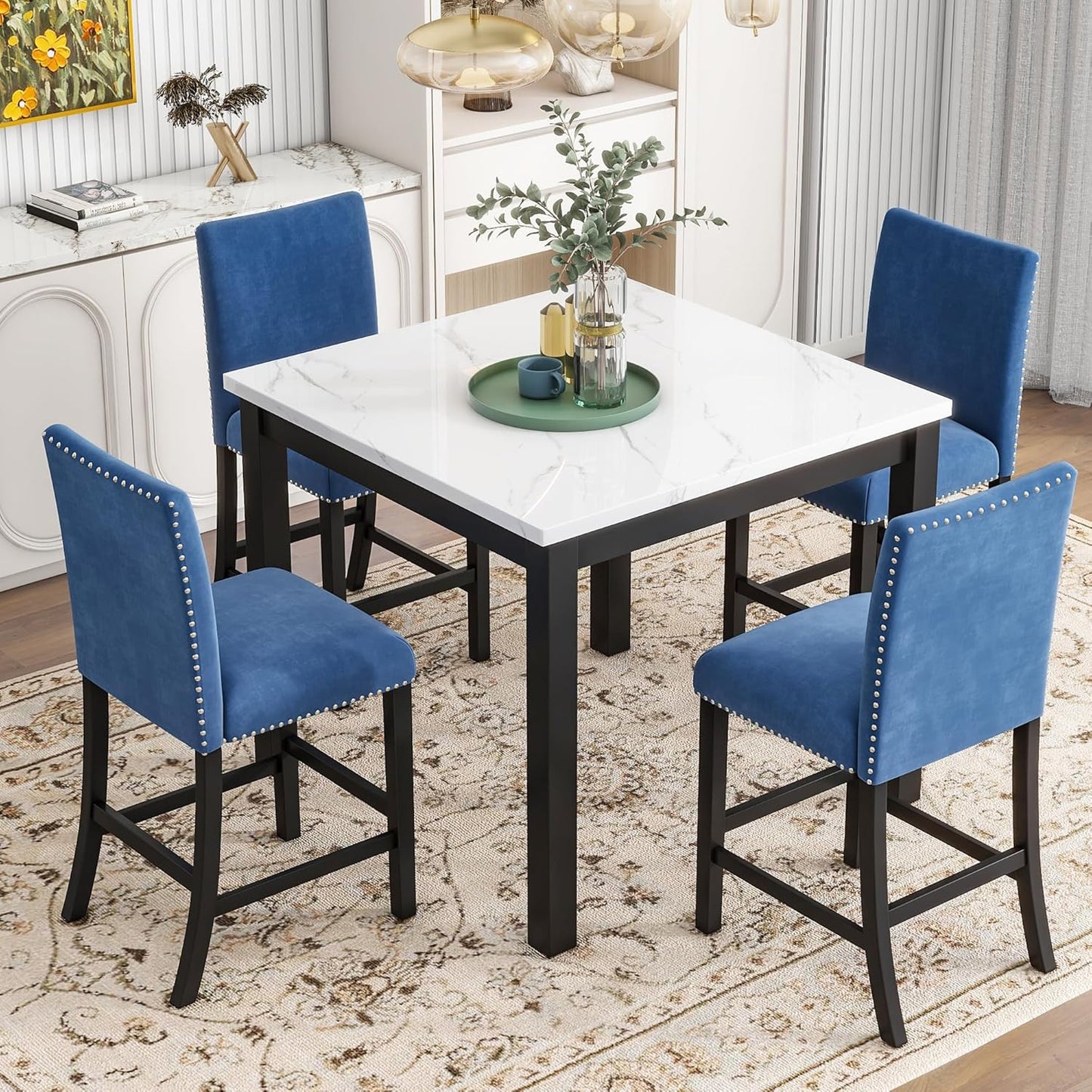 HomSof 5-Piece Counter Height Dining Table Set with One Faux Marble Top Dining Table and Four Velvet-Upholstered Chairs,Blue