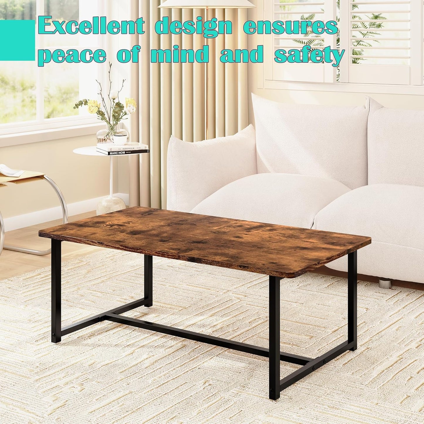 Coffee Table Living Room, Modern Center Table Rectangular, Industrial Furniture, Sofa End Tables/Tea Table/Table Basse De Salon with Metal Black Frame Rustic Brown