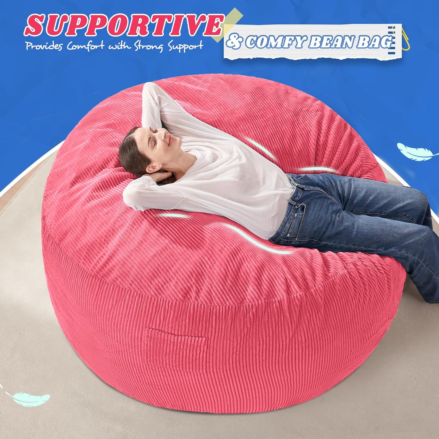 HABUTWAY 3FT Bean Bag Chair,Giant Bean Bag Chairs for Adults,Big Bean Bags with Memory Foam Filled, Large Beanbag Chairs with Soft Corduroy Cover-Pink