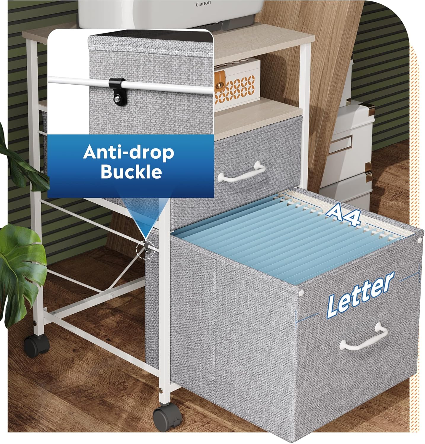 DEVAISE 2 Drawer Mobile File Cabinet, Rolling Printer Stand with Open Storage Shelf, Fabric Vertical Filing Cabinet fits A4 or Letter Size for Home Office, Light Grey