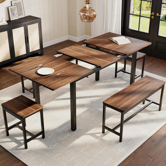 IDEALHOUSE 5-Piece Extendable Dining Table Set for 4-8 People, 63 Inch Kitchen Table with 2 Benches & 2 Stools, Space Saving Modern Dining Room Furniture, Easy Assembly, Brown