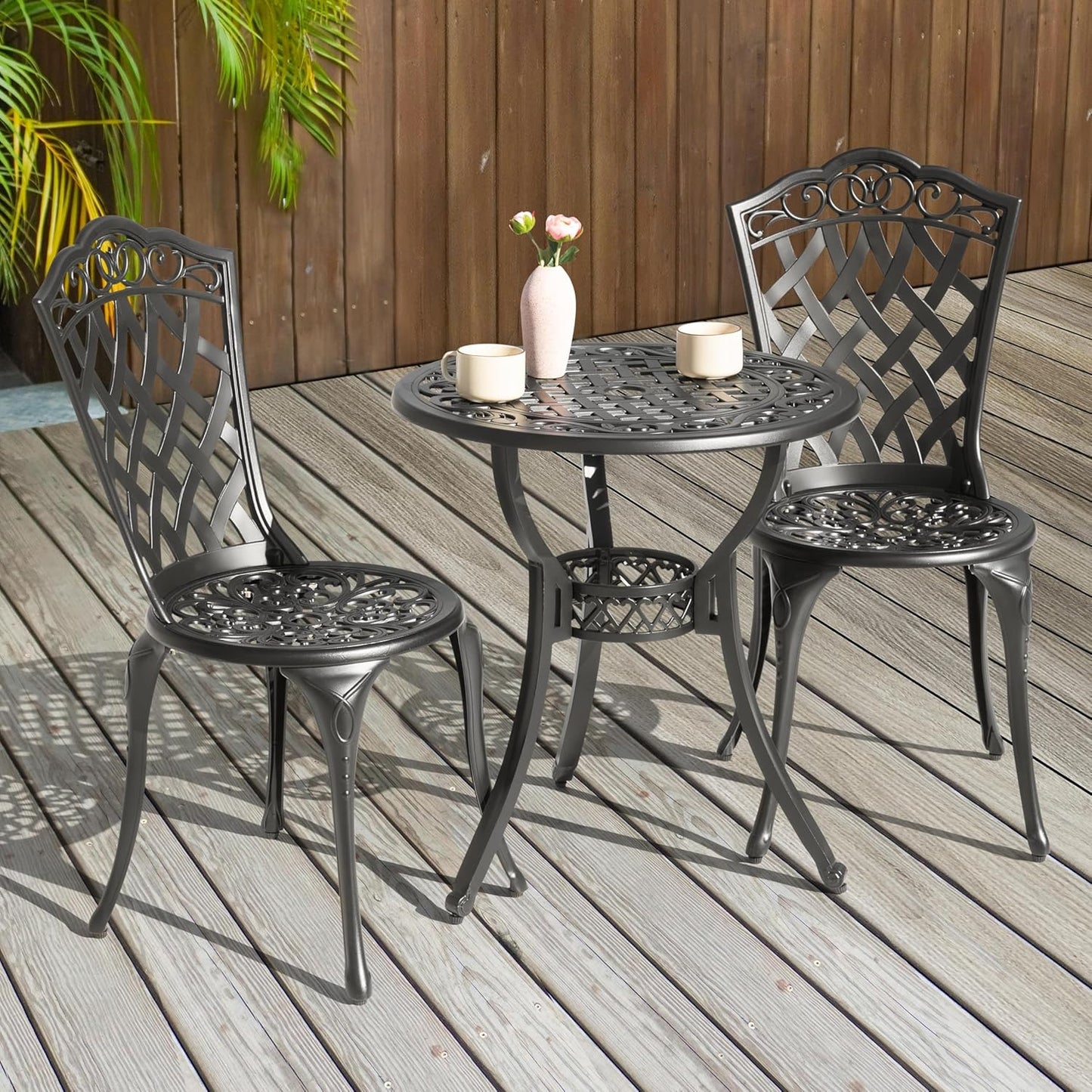 NUU GARDEN 3-Piece Patio Bistro Set Outdoor Cast Aluminum Bistro Table and Chairs Set of 2, Outdoor Patio Bistro Set with Umbrella Hole for Patio Balcony, Black