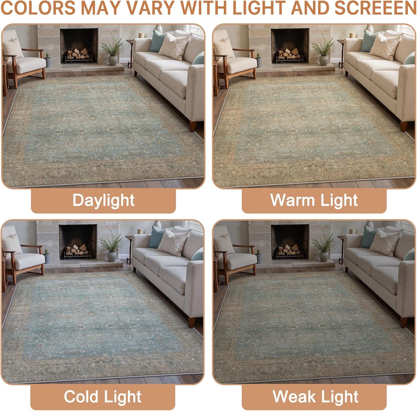 8X10 Area Rugs Machine Washable Rugs for Living Room, Vintage Boho Large Rugs for Bedroom Dining Room, Non Slip Indoor Soft Distressed Lightweight Thin Low Pile Carpet, Weathered Teal