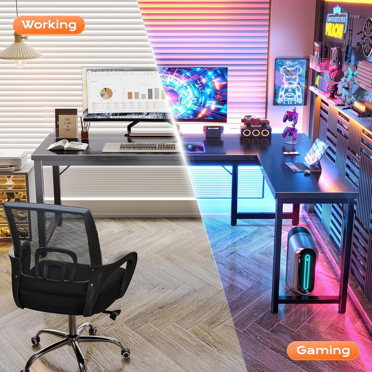 Huuger 63 Inch L Shaped Desk with 0.95 Inch Thicker Desktop, Reversible Computer, Larger Corner Office Gaming Desk, Robust Metal Frame, for Home Office, Study, Black