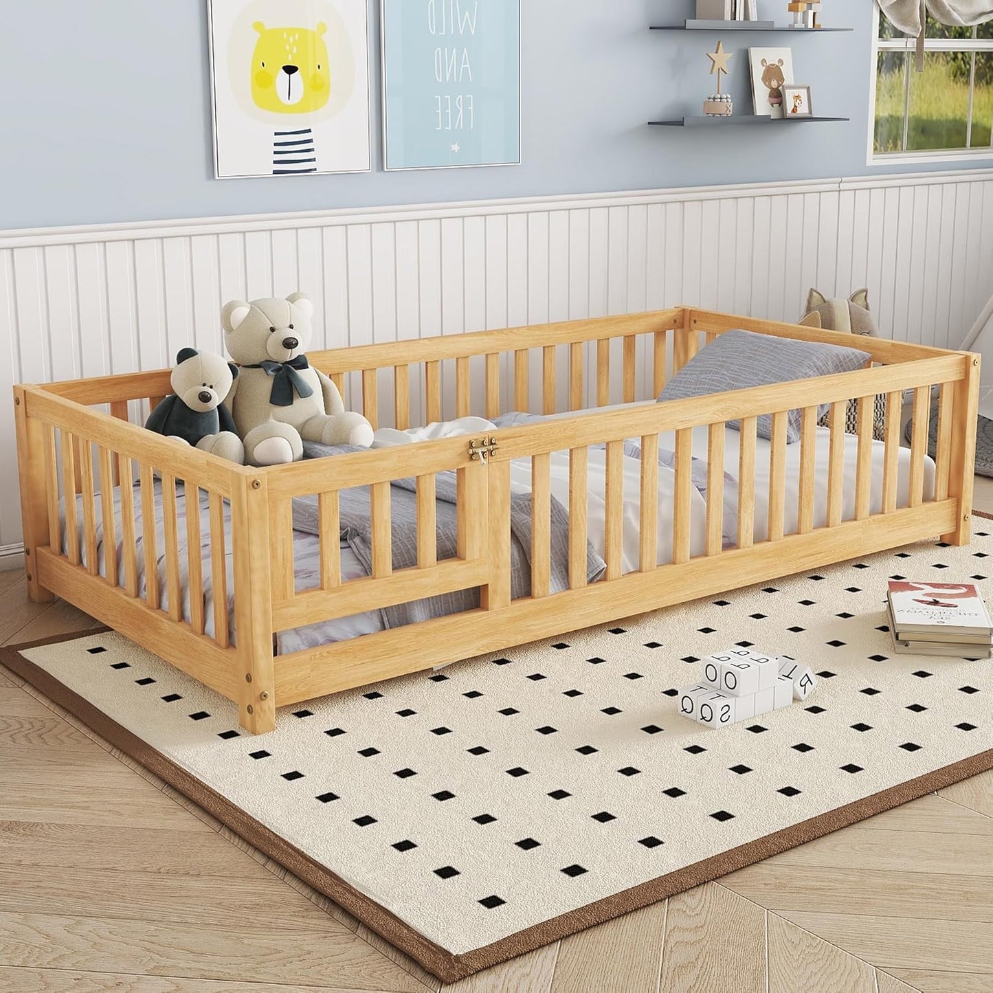 Twin Floor Bed Frame with Slats and Safety Guardrail, Wood Twin Size Montessori Floor Bed with Door and Fence, Easy Assemble Montessori Beds for Kids, Girls, Boys, Natural
