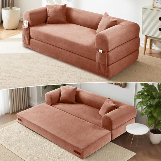 80" Convertible Sofa Bed, Corduroy Deep Seat Folding Pull Out Couch with Pillows, No Assembly Modern Boneless Couch Compression Sofa in Box, Floor Sofa with Storage Pocket for Living Room,Pink